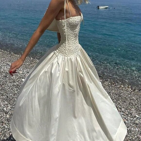 Dresses & Skirts - Cream Party Women's Beach Vacation Elegant Waist Cinched Fitted Camisole Dress